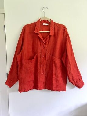 Vintage Rust Red Lagenlook Lightweight Long Sleeve Button-Up Shirt Earthy Artsy